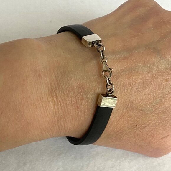 Sterling Silver 925 Rectangular Green Acrylic Black Banded Bracelet 7.5" - Picture 6 of 16